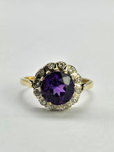 Cargar imagen en el visor de la galería, 0405: Vintage: 18ct Gold & Deep Purple Amethyst 12 Diamonds Cluster Ring