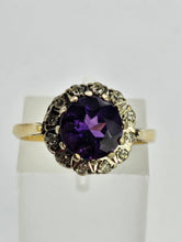 Cargar imagen en el visor de la galería, 0405: Vintage: 18ct Gold & Deep Purple Amethyst 12 Diamonds Cluster Ring