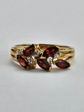 Load image into Gallery viewer, 6436 Vintage: 9ct Gold Marquise Cut Red Garnets White Sapphires Floral Cluster Ring