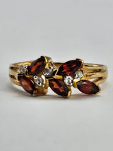 Load image into Gallery viewer, 6436 Vintage: 9ct Gold Marquise Cut Red Garnets White Sapphires Floral Cluster Ring