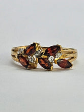 Load image into Gallery viewer, 6436 Vintage: 9ct Gold Marquise Cut Red Garnets White Sapphires Floral Cluster Ring