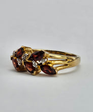 Load image into Gallery viewer, 6436 Vintage: 9ct Gold Marquise Cut Red Garnets White Sapphires Floral Cluster Ring