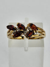 Load image into Gallery viewer, 6436 Vintage: 9ct Gold Marquise Cut Red Garnets White Sapphires Floral Cluster Ring