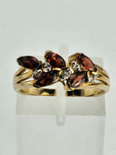 Load image into Gallery viewer, 6436 Vintage: 9ct Gold Marquise Cut Red Garnets White Sapphires Floral Cluster Ring