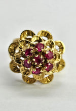 Cargar imagen en el visor de la galería, 1252: Vintage: 14ct Gold 7 Rubies Swirl Statement Cocktail Ring- remarkable, good weight
