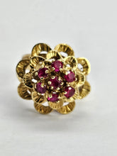 Cargar imagen en el visor de la galería, 1252: Vintage: 14ct Gold 7 Rubies Swirl Statement Cocktail Ring- remarkable, good weight