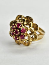 Cargar imagen en el visor de la galería, 1252: Vintage: 14ct Gold 7 Rubies Swirl Statement Cocktail Ring- remarkable, good weight