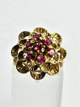 Cargar imagen en el visor de la galería, 1252: Vintage: 14ct Gold 7 Rubies Swirl Statement Cocktail Ring- remarkable, good weight