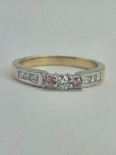 Load image into Gallery viewer, 6329 Vintage: 18ct Gold Pink Sapphires Brilliant Cut Diamonds Stacker Ring
