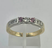 Load image into Gallery viewer, 6329 Vintage: 18ct Gold Pink Sapphires Brilliant Cut Diamonds Stacker Ring