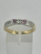Load image into Gallery viewer, 6329 Vintage: 18ct Gold Pink Sapphires Brilliant Cut Diamonds Stacker Ring