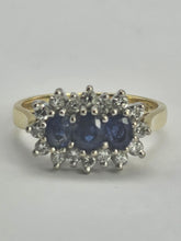 Load image into Gallery viewer, 6334: Vintage: 18ct Gold Cornflower Blue Sapphires 16 Diamonds Dress Ring- exquisite example. date mark 1992