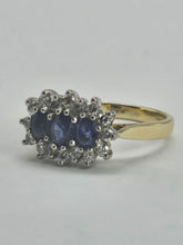 Load image into Gallery viewer, 6334: Vintage: 18ct Gold Cornflower Blue Sapphires 16 Diamonds Dress Ring- exquisite example. date mark 1992