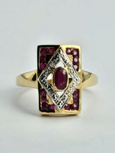 Cargar imagen en el visor de la galería, 1084: Vintage: 9ct Gold Art Deco Style Rubies Diamonds Ring- geometric beauty