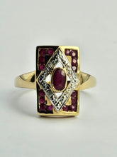 Cargar imagen en el visor de la galería, 1084: Vintage: 9ct Gold Art Deco Style Rubies Diamonds Ring- geometric beauty