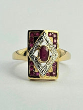Cargar imagen en el visor de la galería, 1084: Vintage: 9ct Gold Art Deco Style Rubies Diamonds Ring- geometric beauty
