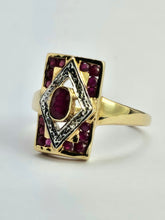 Cargar imagen en el visor de la galería, 1084: Vintage: 9ct Gold Art Deco Style Rubies Diamonds Ring- geometric beauty
