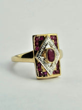 Cargar imagen en el visor de la galería, 1084: Vintage: 9ct Gold Art Deco Style Rubies Diamonds Ring- geometric beauty