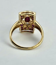 Cargar imagen en el visor de la galería, 1084: Vintage: 9ct Gold Art Deco Style Rubies Diamonds Ring- geometric beauty