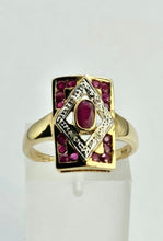 Cargar imagen en el visor de la galería, 1084: Vintage: 9ct Gold Art Deco Style Rubies Diamonds Ring- geometric beauty