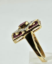 Cargar imagen en el visor de la galería, 1084: Vintage: 9ct Gold Art Deco Style Rubies Diamonds Ring- geometric beauty