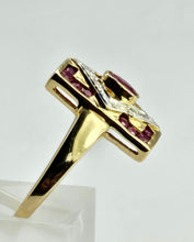 Cargar imagen en el visor de la galería, 1084: Vintage: 9ct Gold Art Deco Style Rubies Diamonds Ring- geometric beauty