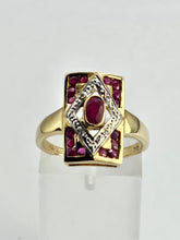 Cargar imagen en el visor de la galería, 1084: Vintage: 9ct Gold Art Deco Style Rubies Diamonds Ring- geometric beauty