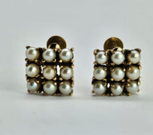 Cargar imagen en el visor de la galería, 1116: Vintage: 9ct Gold Square Set 18 Cultured Pearls Screw Back Earrings- substantial