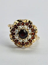 Load image into Gallery viewer, 1420: Vintage: 9ct Gold Garnets Seed Pearls Flower Head Ring- From 1973