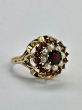 Load image into Gallery viewer, 1420: Vintage: 9ct Gold Garnets Seed Pearls Flower Head Ring- From 1973