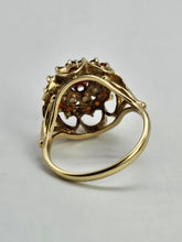 Load image into Gallery viewer, 1420: Vintage: 9ct Gold Garnets Seed Pearls Flower Head Ring- From 1973