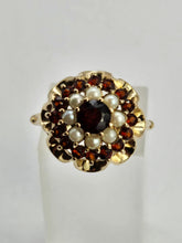 Load image into Gallery viewer, 1420: Vintage: 9ct Gold Garnets Seed Pearls Flower Head Ring- From 1973