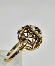 Load image into Gallery viewer, 1420: Vintage: 9ct Gold Garnets Seed Pearls Flower Head Ring- From 1973