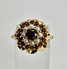 Load image into Gallery viewer, 1420: Vintage: 9ct Gold Garnets Seed Pearls Flower Head Ring- From 1973