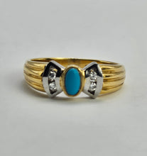Cargar imagen en el visor de la galería, 1204: Vintage: 18ct Gold Turquoise Diamonds Dress Ring- Lovely symmetry, statement weight