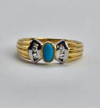 Cargar imagen en el visor de la galería, 1204: Vintage: 18ct Gold Turquoise Diamonds Dress Ring- Lovely symmetry, statement weight