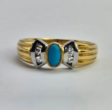 Cargar imagen en el visor de la galería, 1204: Vintage: 18ct Gold Turquoise Diamonds Dress Ring- Lovely symmetry, statement weight