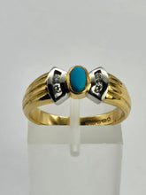 Cargar imagen en el visor de la galería, 1204: Vintage: 18ct Gold Turquoise Diamonds Dress Ring- Lovely symmetry, statement weight