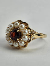 Cargar imagen en el visor de la galería, 1421: Vintage: Large 9ct Gold Garnet Seed Pearls Cocktail Ring- Date- Mark 1963
