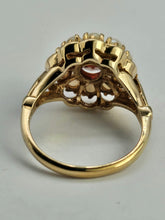 Cargar imagen en el visor de la galería, 1421: Vintage: Large 9ct Gold Garnet Seed Pearls Cocktail Ring- Date- Mark 1963