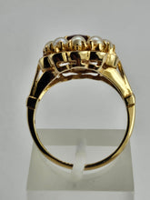 Cargar imagen en el visor de la galería, 1421: Vintage: Large 9ct Gold Garnet Seed Pearls Cocktail Ring- Date- Mark 1963
