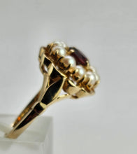 Cargar imagen en el visor de la galería, 1421: Vintage: Large 9ct Gold Garnet Seed Pearls Cocktail Ring- Date- Mark 1963