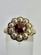 Cargar imagen en el visor de la galería, 1421: Vintage: Large 9ct Gold Garnet Seed Pearls Cocktail Ring- Date- Mark 1963