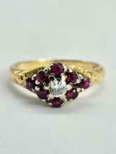 Cargar imagen en el visor de la galería, 1206: Vintage; 18ct Gold Rubies Diamond Cluster Ring- rare design, lovely stones