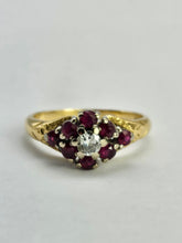 Cargar imagen en el visor de la galería, 1206: Vintage; 18ct Gold Rubies Diamond Cluster Ring- rare design, lovely stones
