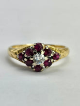 Cargar imagen en el visor de la galería, 1206: Vintage; 18ct Gold Rubies Diamond Cluster Ring- rare design, lovely stones