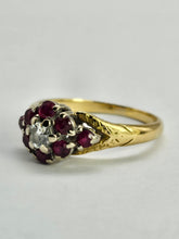 Cargar imagen en el visor de la galería, 1206: Vintage; 18ct Gold Rubies Diamond Cluster Ring- rare design, lovely stones