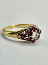 Cargar imagen en el visor de la galería, 1206: Vintage; 18ct Gold Rubies Diamond Cluster Ring- rare design, lovely stones
