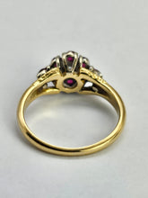 Cargar imagen en el visor de la galería, 1206: Vintage; 18ct Gold Rubies Diamond Cluster Ring- rare design, lovely stones