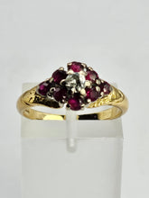 Cargar imagen en el visor de la galería, 1206: Vintage; 18ct Gold Rubies Diamond Cluster Ring- rare design, lovely stones